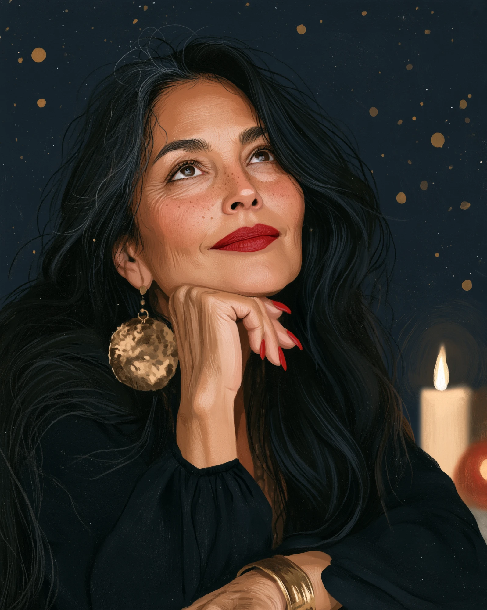 La Tía: una mujer pintada de cabello negro con mechones plateados, labios rojos y un gran arete dorado, mirando las estrellas con la barbilla en la mano